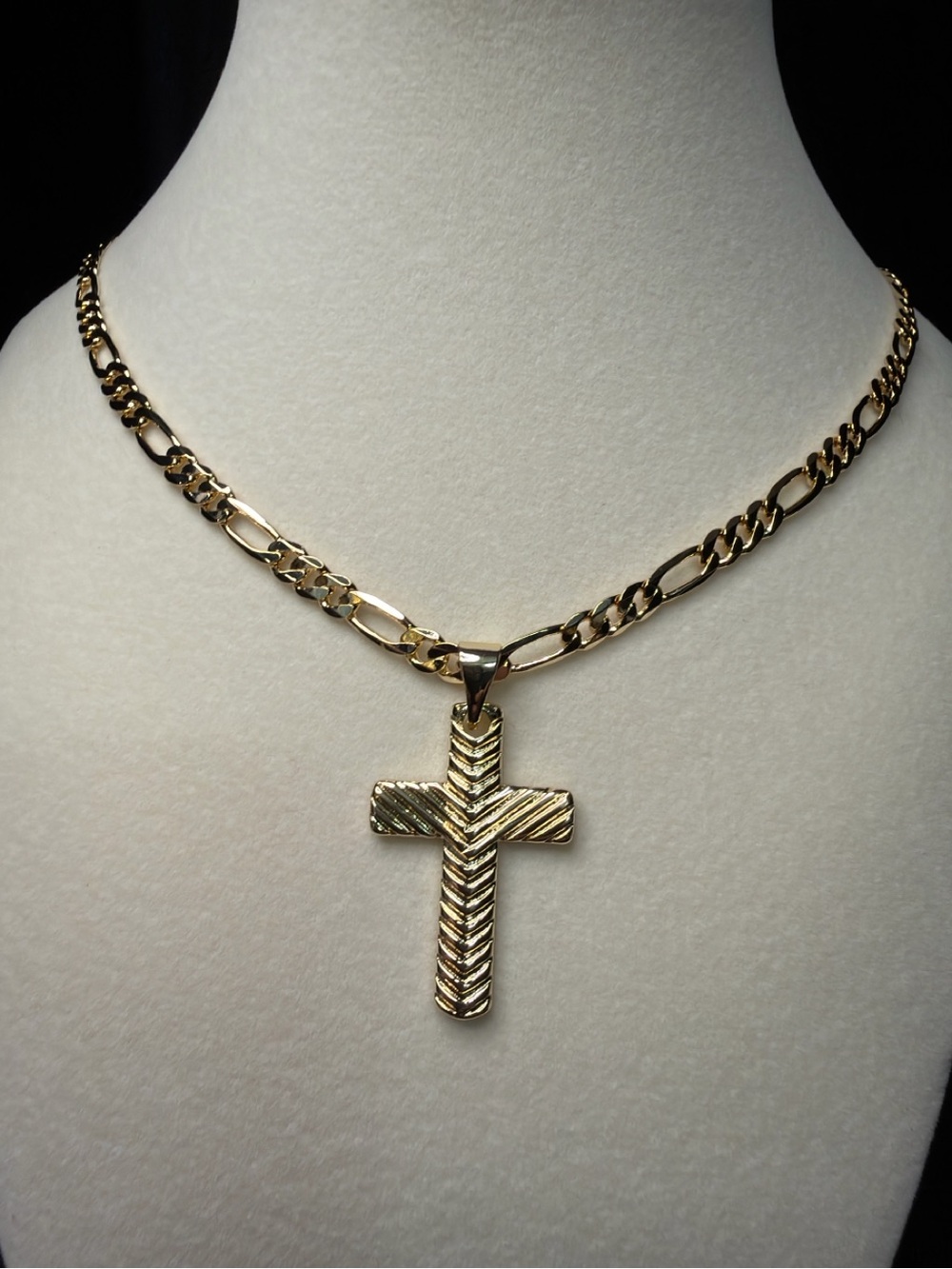 Figaro w/Cross 1in Pendant 14K Stamped Gold finish 22in 4.5MM beautiful bundle